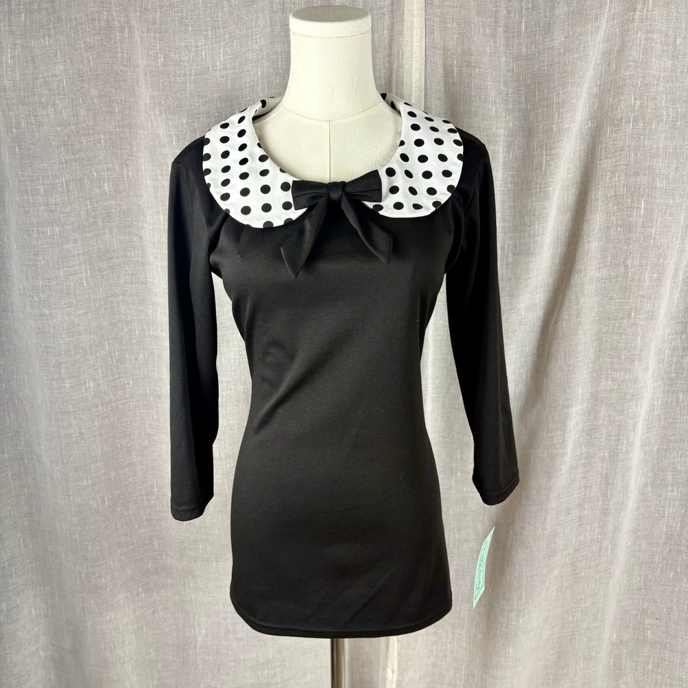 Rock Steady Vtg Look Polka Dot Top Black White Pan Collar XL Fits Like Sz M NWT